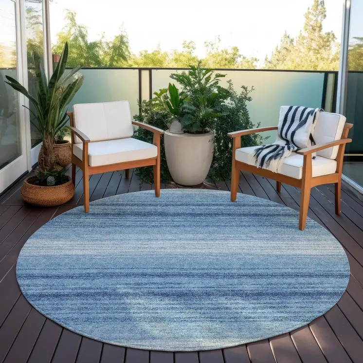 8' Blue And Ivory Round Abstract Washable Indoor Outdoor Area Rug