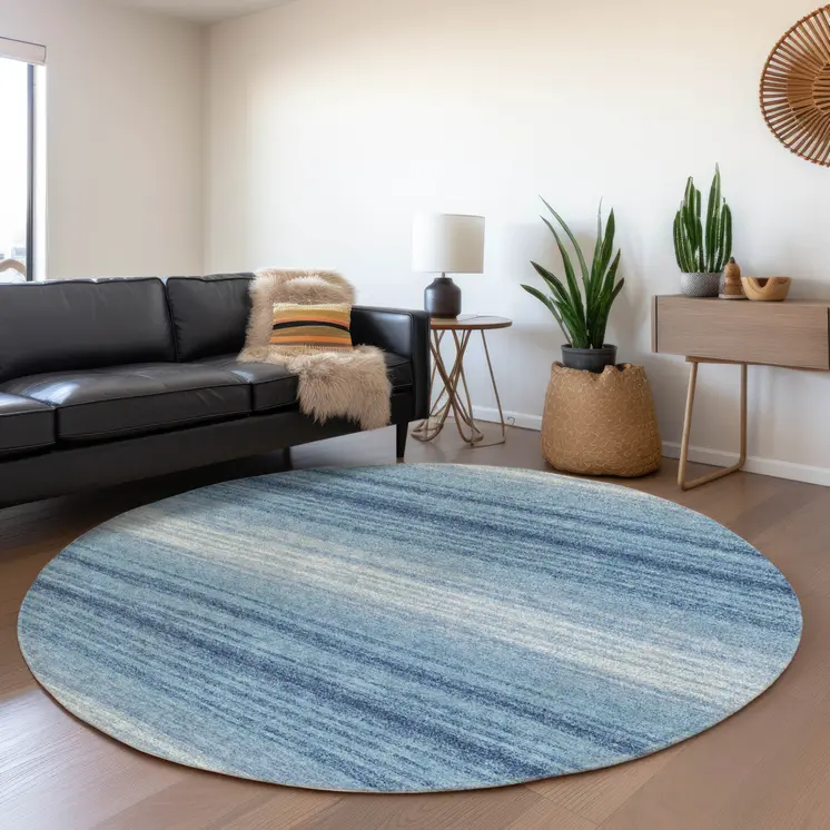 8' Blue And Ivory Round Abstract Washable Indoor Outdoor Area Rug