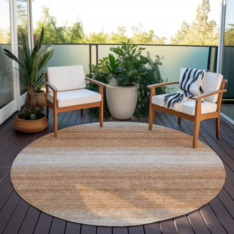 8' Copper And Beige Round Abstract Washable Indoor Outdoor Area Rug