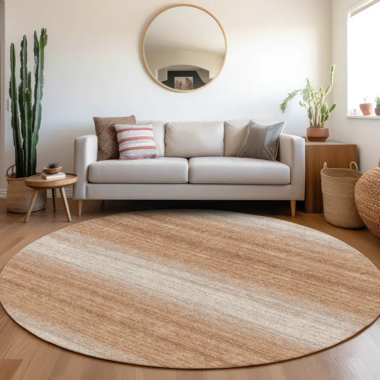 8' Copper And Beige Round Abstract Washable Indoor Outdoor Area Rug