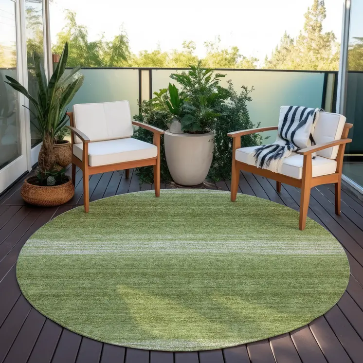 8' Green And Ivory Round Abstract Washable Indoor Outdoor Area Rug