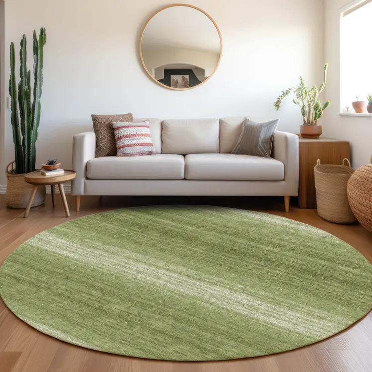 8' Green And Ivory Round Abstract Washable Indoor Outdoor Area Rug