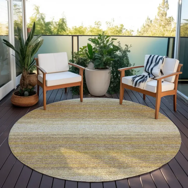 8' Gold And Beige Round Abstract Washable Indoor Outdoor Area Rug