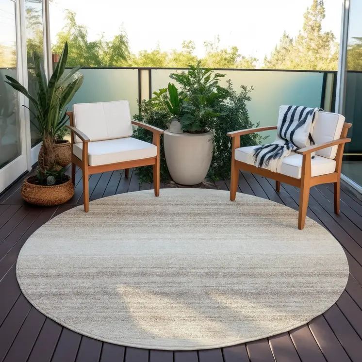 8' Ivory And Beige Round Abstract Washable Indoor Outdoor Area Rug