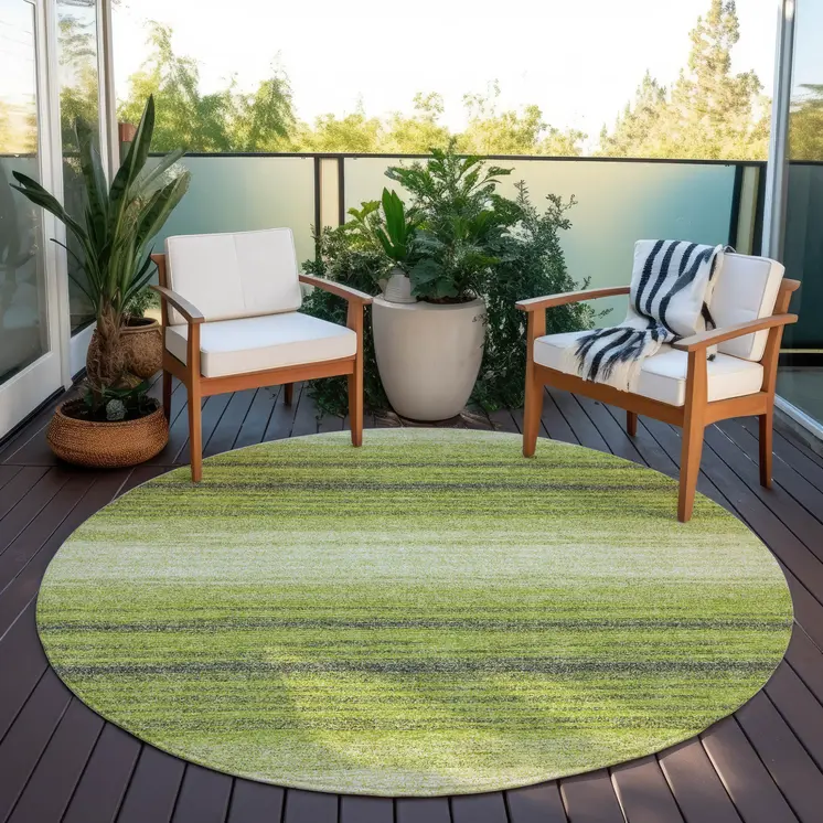 8' Lime Green Ivory And Black Round Abstract Washable Indoor Outdoor Area Rug