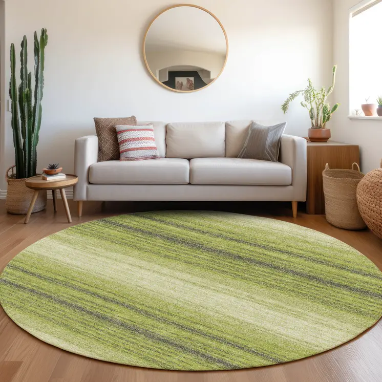 8' Lime Green Ivory And Black Round Abstract Washable Indoor Outdoor Area Rug