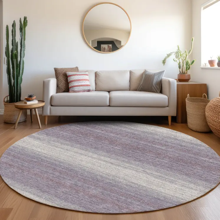 8' Lavender And Ivory Round Abstract Washable Indoor Outdoor Area Rug