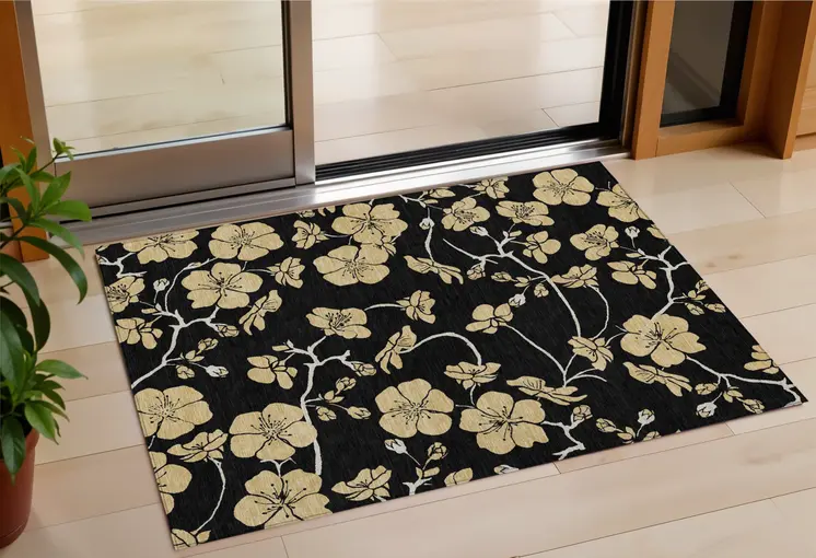 3' X 5' Black And Gold Floral Washable Indoor Outdoor Area Rug