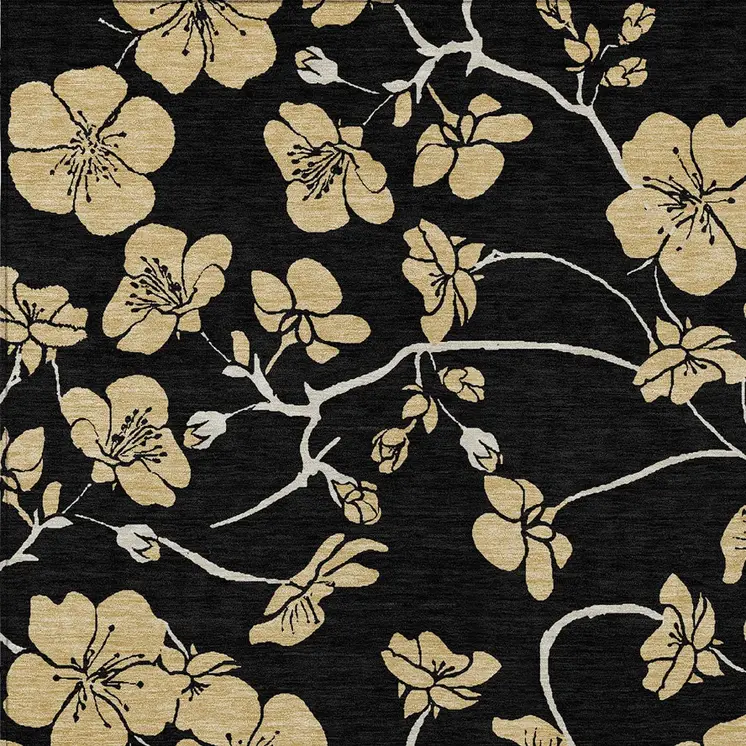 3' X 5' Black And Gold Floral Washable Indoor Outdoor Area Rug