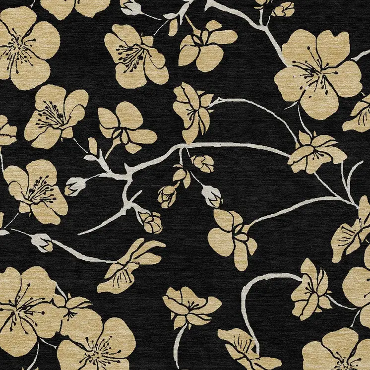 5' X 8' Black And Gold Floral Washable Indoor Outdoor Area Rug