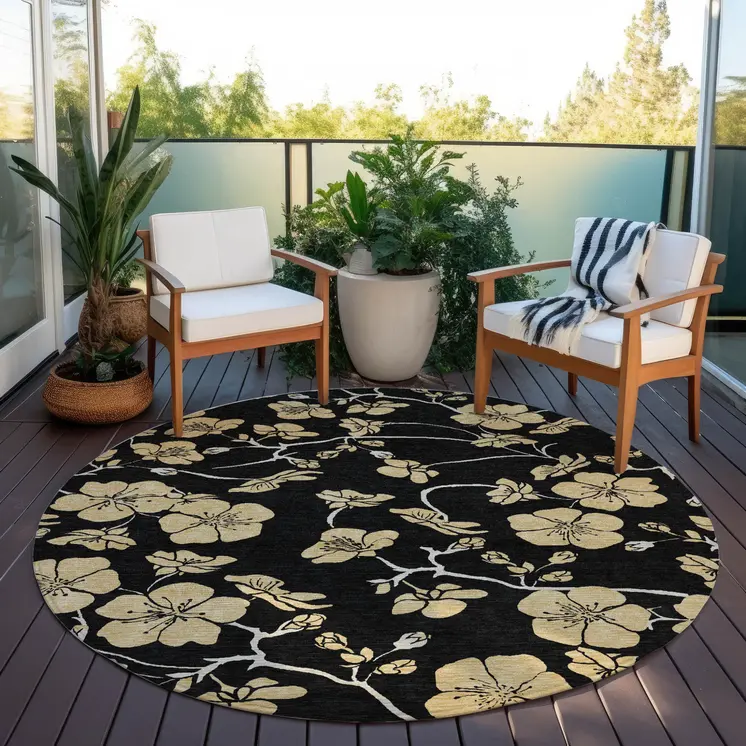 8' Black And Gold Round Floral Washable Indoor Outdoor Area Rug