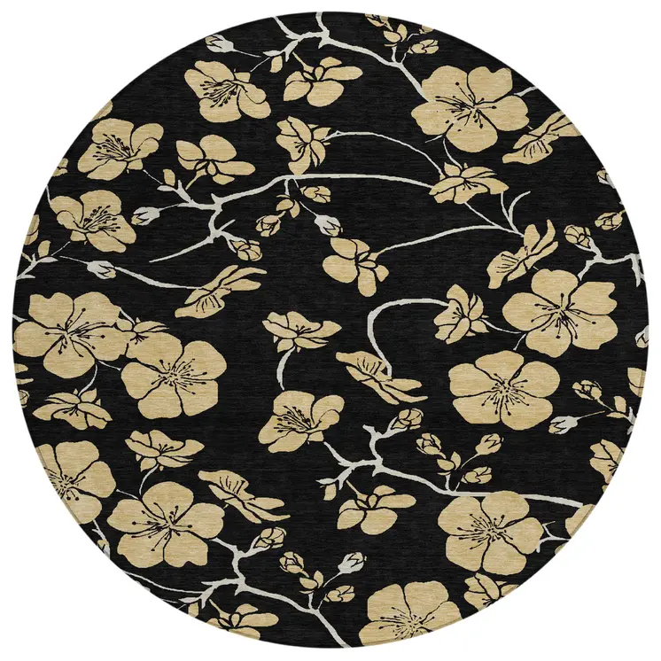 8' Black And Gold Round Floral Washable Indoor Outdoor Area Rug