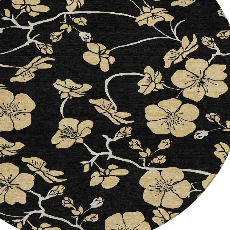 8' Black And Gold Round Floral Washable Indoor Outdoor Area Rug