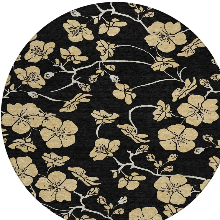 8' Black And Gold Round Floral Washable Indoor Outdoor Area Rug