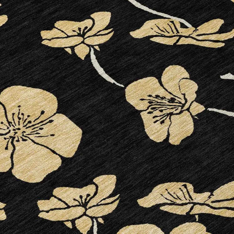 8' Black And Gold Round Floral Washable Indoor Outdoor Area Rug