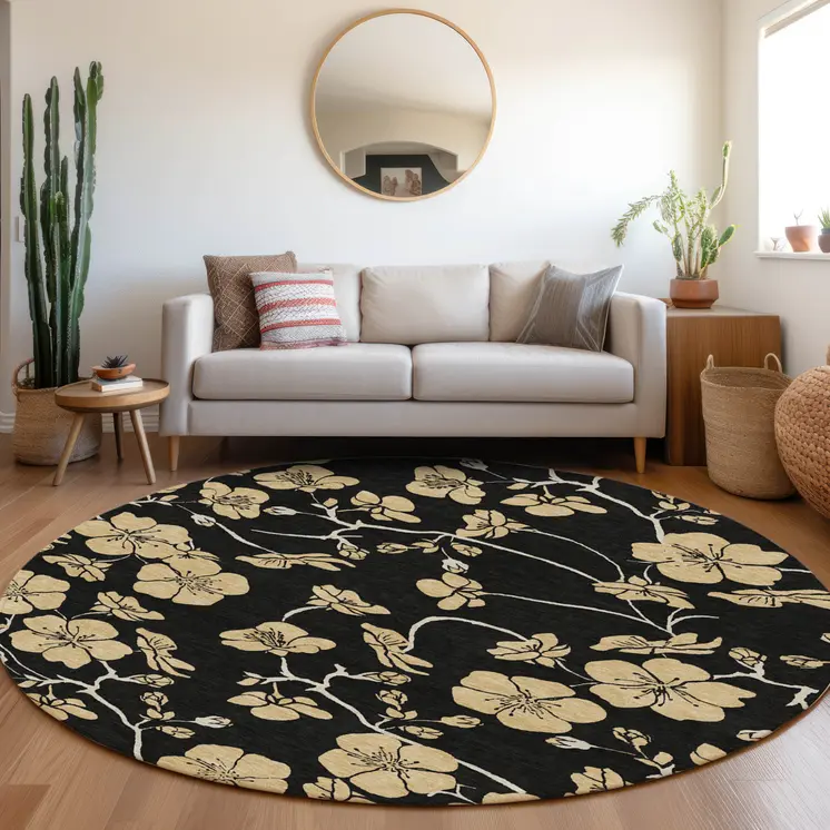 8' Black And Gold Round Floral Washable Indoor Outdoor Area Rug