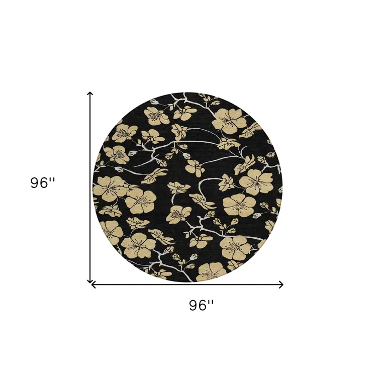 8' Black And Gold Round Floral Washable Indoor Outdoor Area Rug
