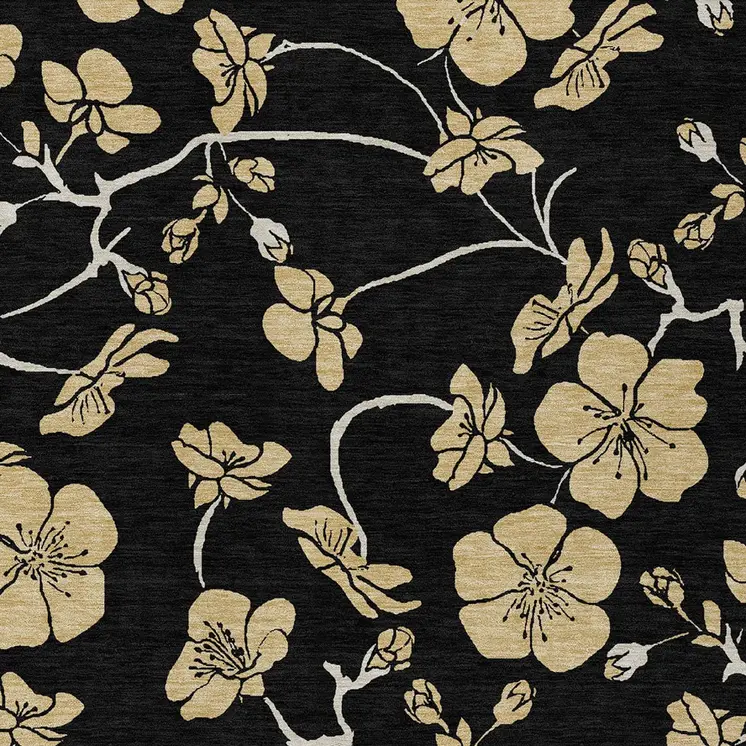 8' X 10' Black And Gold Floral Washable Indoor Outdoor Area Rug