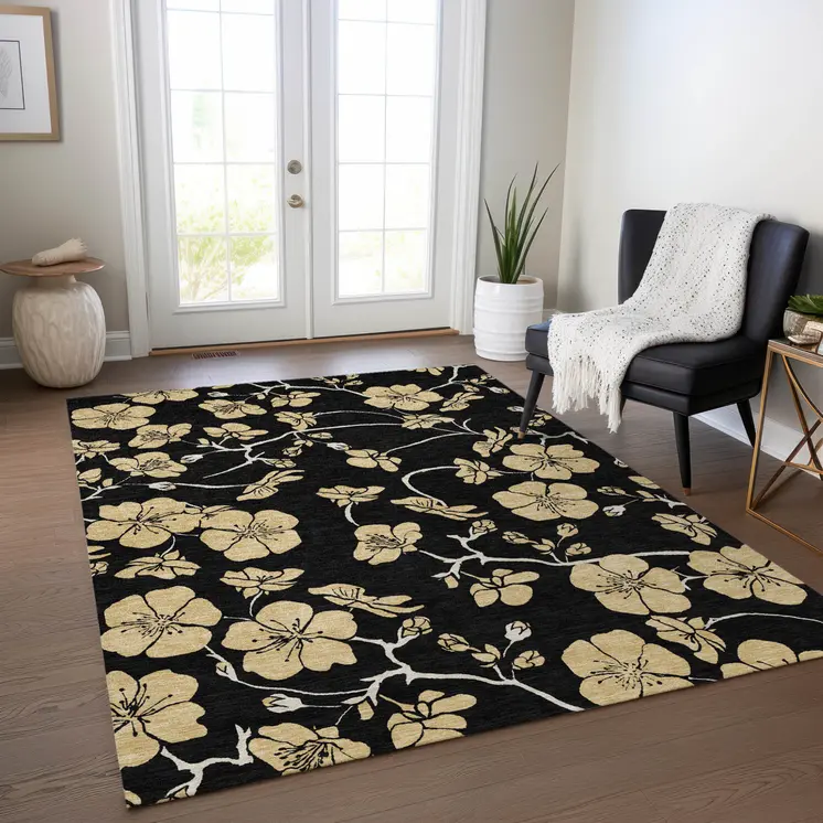 8' X 10' Black And Gold Floral Washable Indoor Outdoor Area Rug
