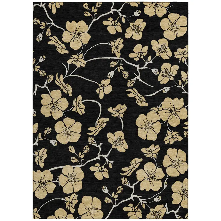 9' X 12' Black And Gold Floral Washable Indoor Outdoor Area Rug