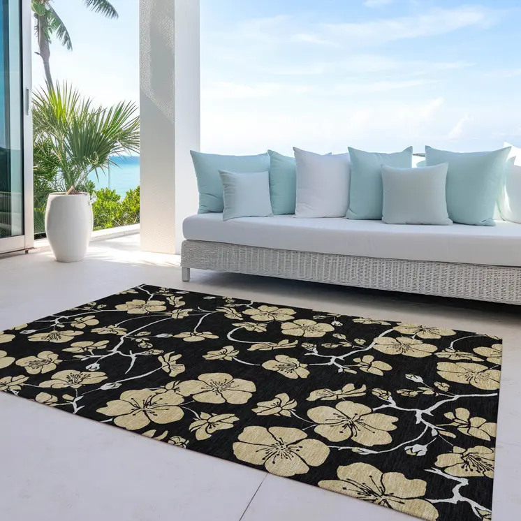 9' X 12' Black And Gold Floral Washable Indoor Outdoor Area Rug