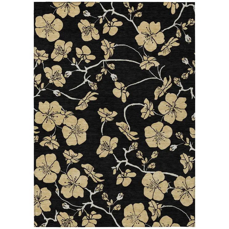 10' X 14' Black And Gold Floral Washable Indoor Outdoor Area Rug