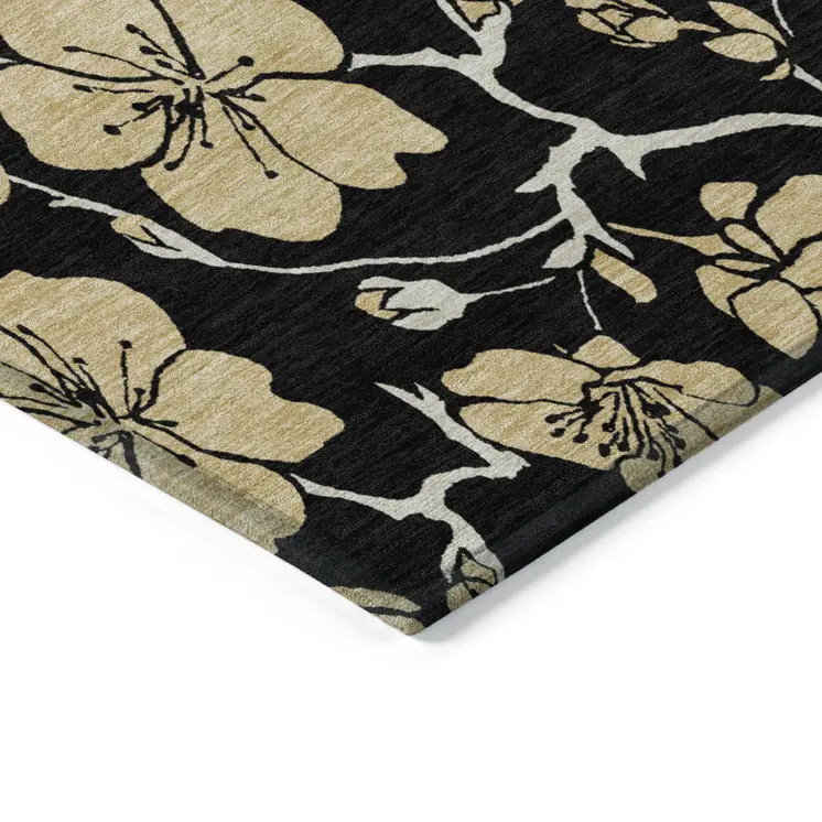 10' X 14' Black And Gold Floral Washable Indoor Outdoor Area Rug