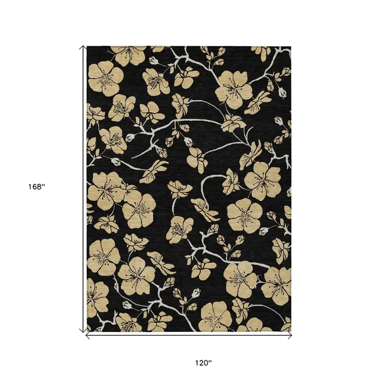 10' X 14' Black And Gold Floral Washable Indoor Outdoor Area Rug