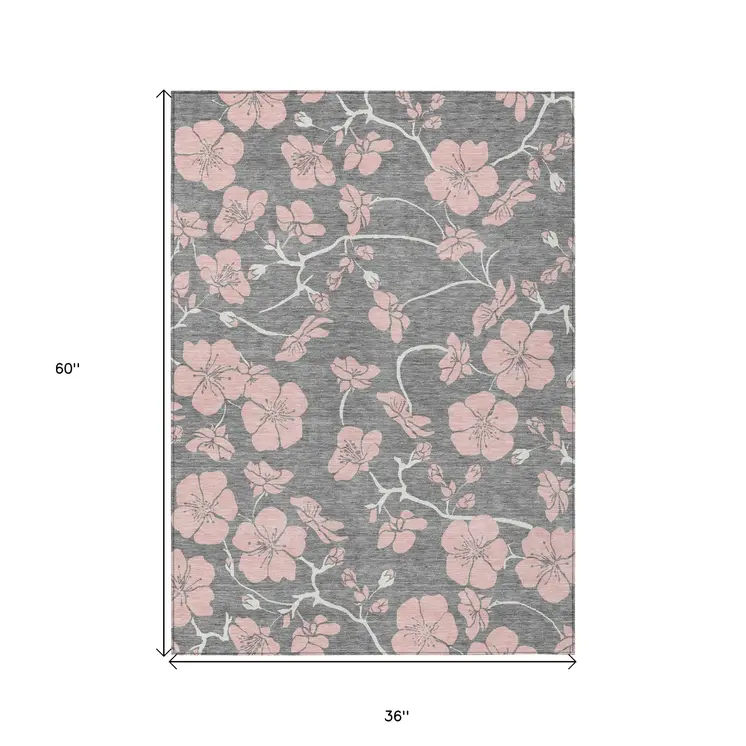 3' X 5' Gray Pink And Ivory Floral Washable Indoor Outdoor Area Rug