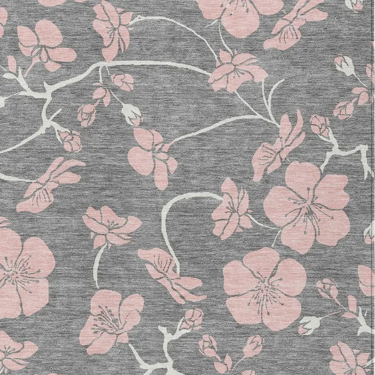 5' X 8' Gray Pink And Ivory Floral Washable Indoor Outdoor Area Rug