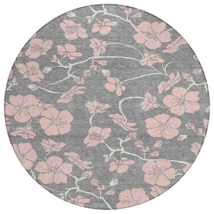 8' Gray Pink And Ivory Round Floral Washable Indoor Outdoor Area Rug