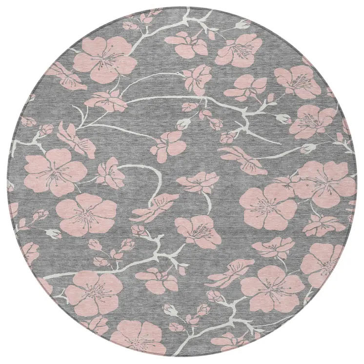 8' Gray Pink And Ivory Round Floral Washable Indoor Outdoor Area Rug
