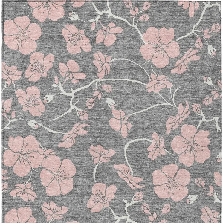 8' X 10' Gray Pink And Ivory Floral Washable Indoor Outdoor Area Rug