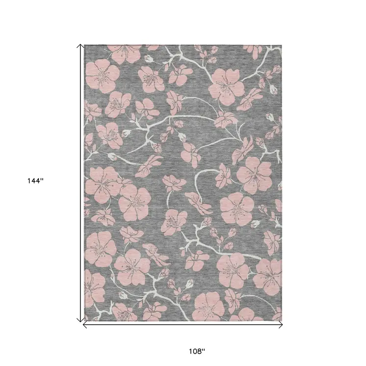 9' X 12' Gray Pink And Ivory Floral Washable Indoor Outdoor Area Rug