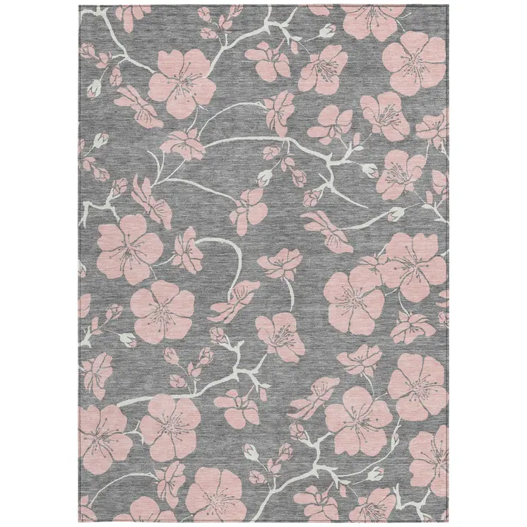 10' X 14' Gray Pink And Ivory Floral Washable Indoor Outdoor Area Rug