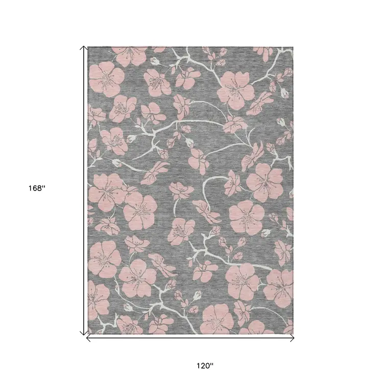 10' X 14' Gray Pink And Ivory Floral Washable Indoor Outdoor Area Rug