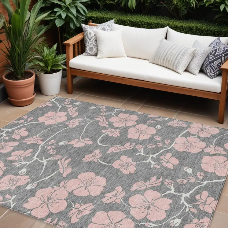 10' X 14' Gray Pink And Ivory Floral Washable Indoor Outdoor Area Rug