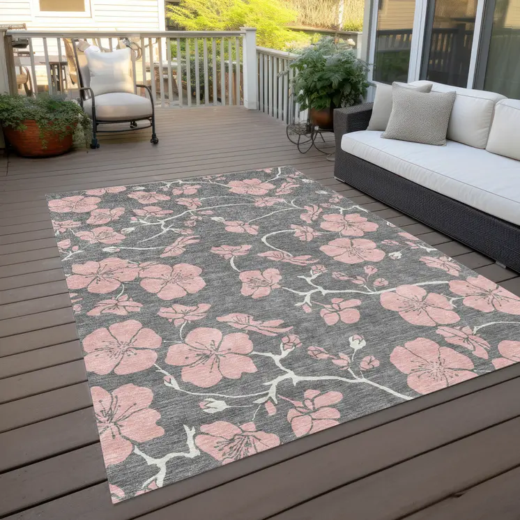 10' X 14' Gray Pink And Ivory Floral Washable Indoor Outdoor Area Rug