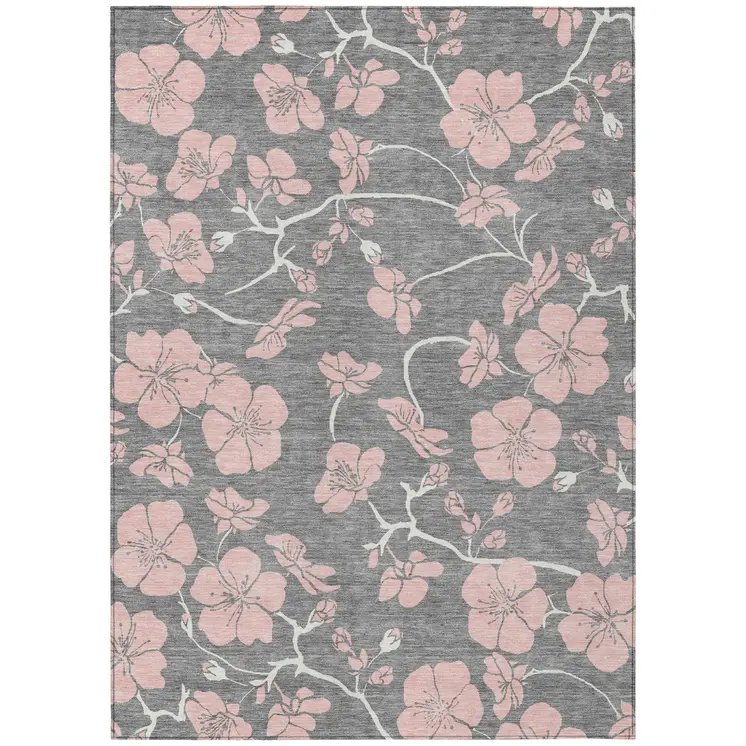 10' X 14' Gray Pink And Ivory Floral Washable Indoor Outdoor Area Rug