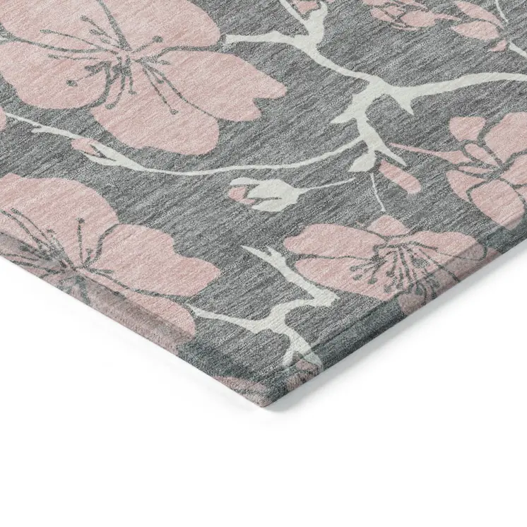 10' X 14' Gray Pink And Ivory Floral Washable Indoor Outdoor Area Rug