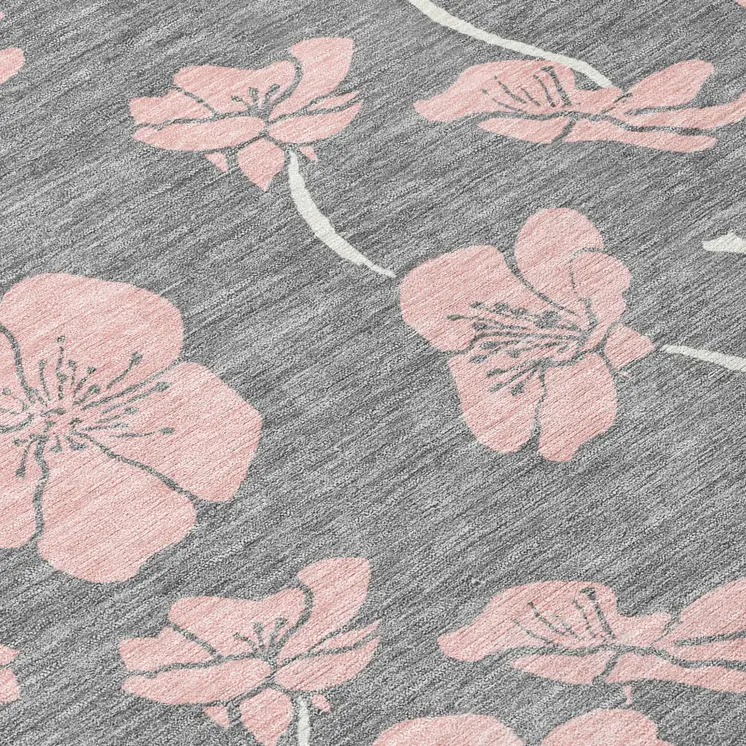 10' X 14' Gray Pink And Ivory Floral Washable Indoor Outdoor Area Rug