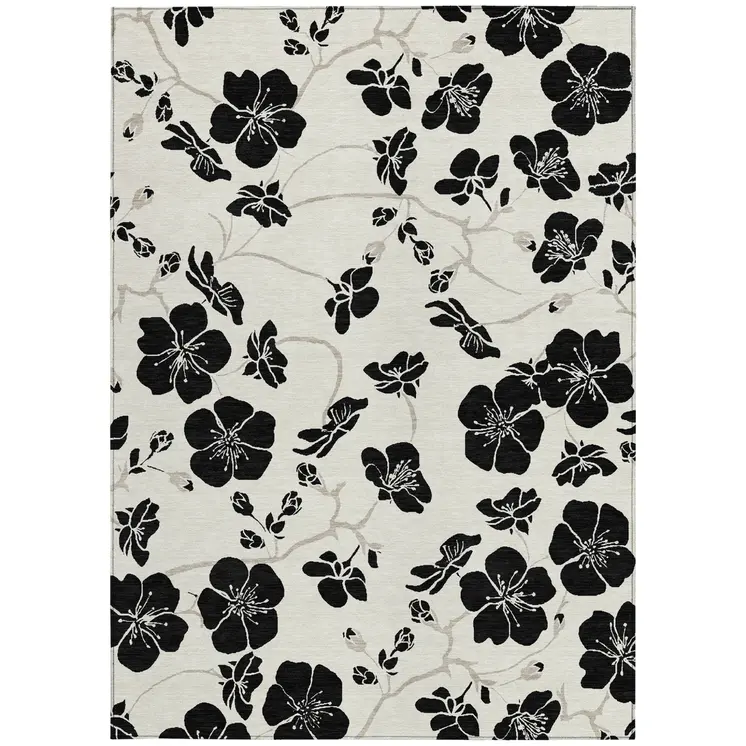 3' X 5' Ivory And Black Floral Washable Indoor Outdoor Area Rug