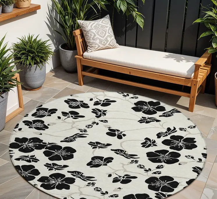 8' Ivory And Black Round Floral Washable Indoor Outdoor Area Rug