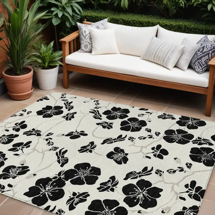 9' X 12' Ivory And Black Floral Washable Indoor Outdoor Area Rug