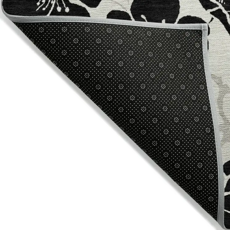 9' X 12' Ivory And Black Floral Washable Indoor Outdoor Area Rug