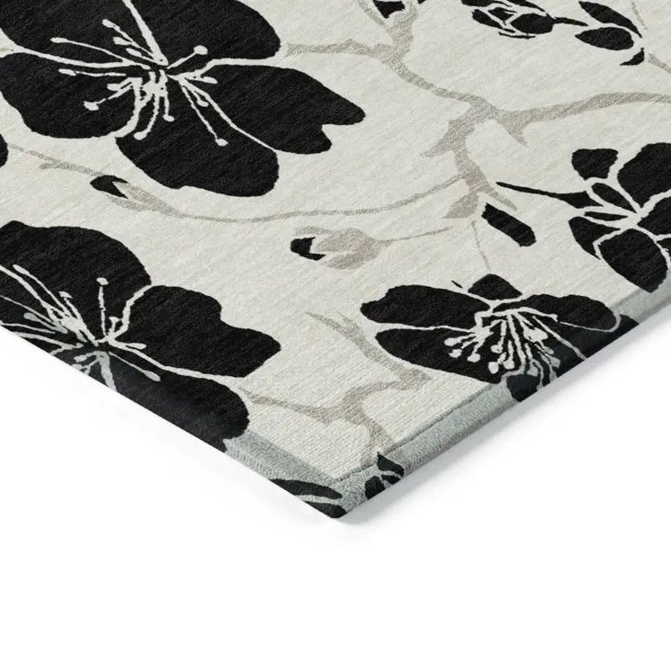 9' X 12' Ivory And Black Floral Washable Indoor Outdoor Area Rug
