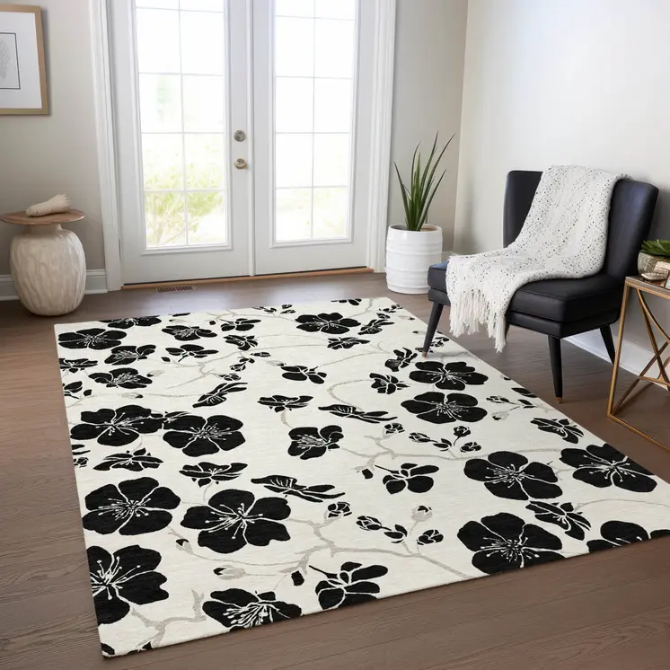 9' X 12' Ivory And Black Floral Washable Indoor Outdoor Area Rug
