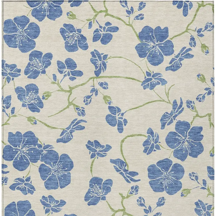 3' X 5' Linen Blue And Green Floral Washable Indoor Outdoor Area Rug