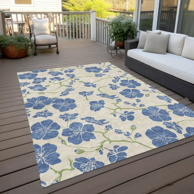 3' X 5' Linen Blue And Green Floral Washable Indoor Outdoor Area Rug
