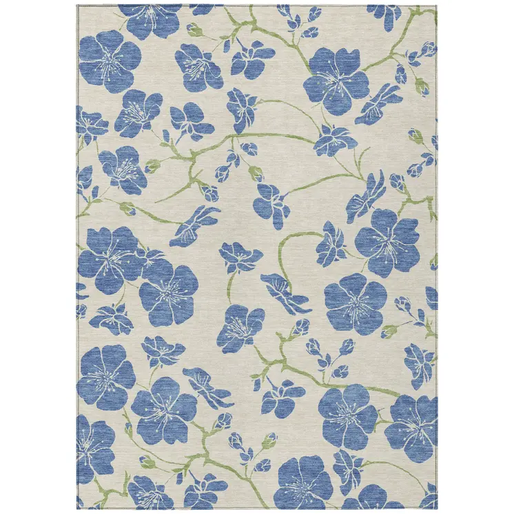 3' X 5' Linen Blue And Green Floral Washable Indoor Outdoor Area Rug